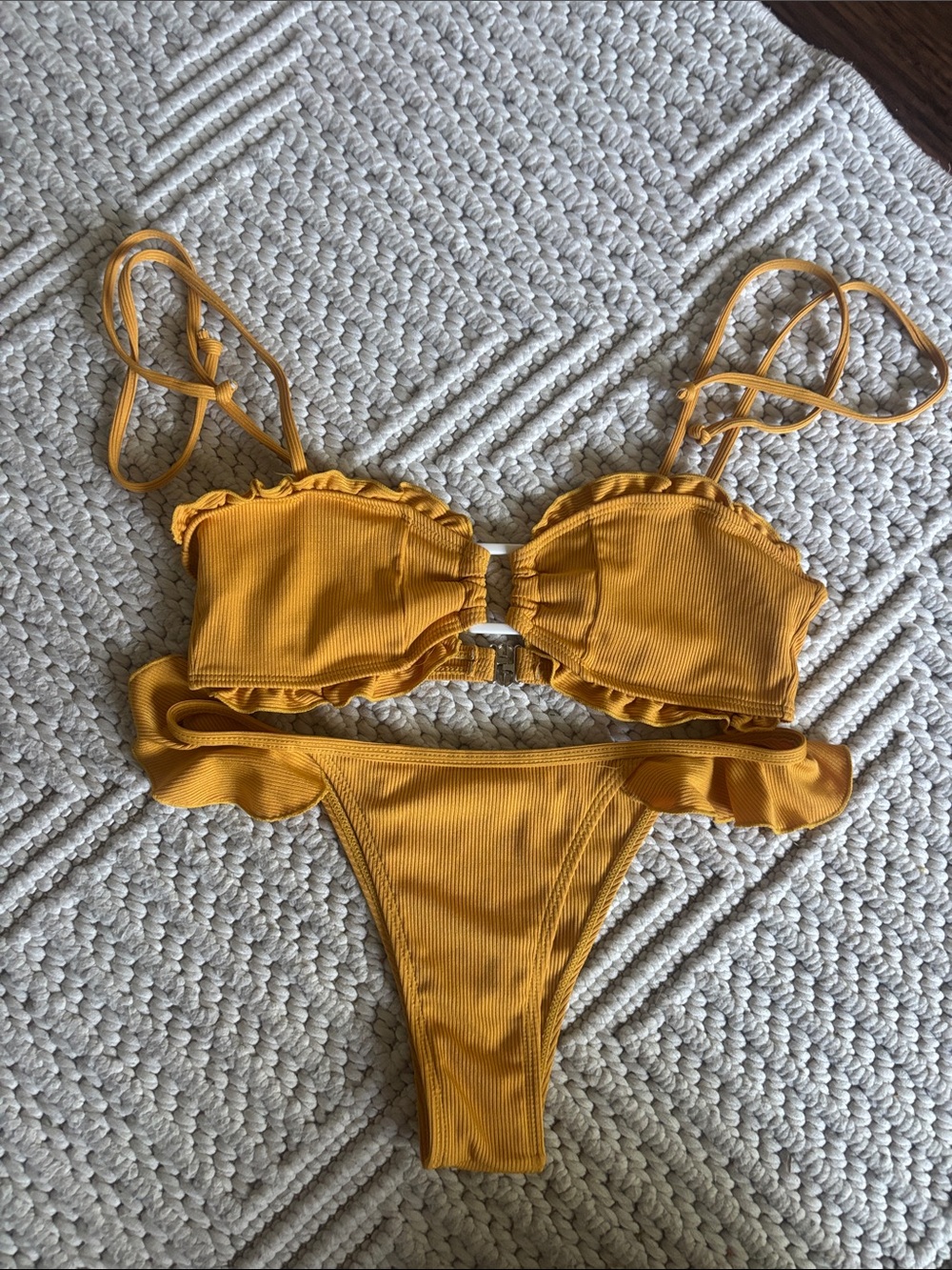 SHEIN Ruffle Ribbed Bikini Set Size S Mustard Yellow Bandeau High Cut
